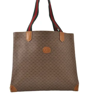 Authentic GUCCI Web Sherry Line Micro GG Tote Bag PVC Leather Brown 0333J