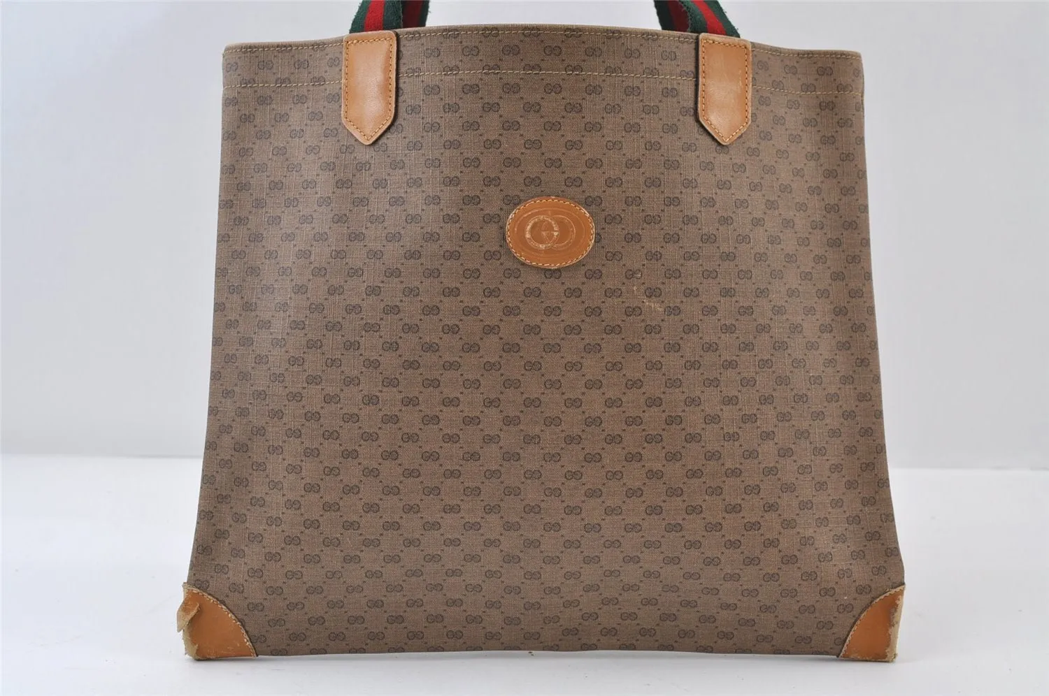 Authentic GUCCI Web Sherry Line Micro GG Tote Bag PVC Leather Brown 0333J