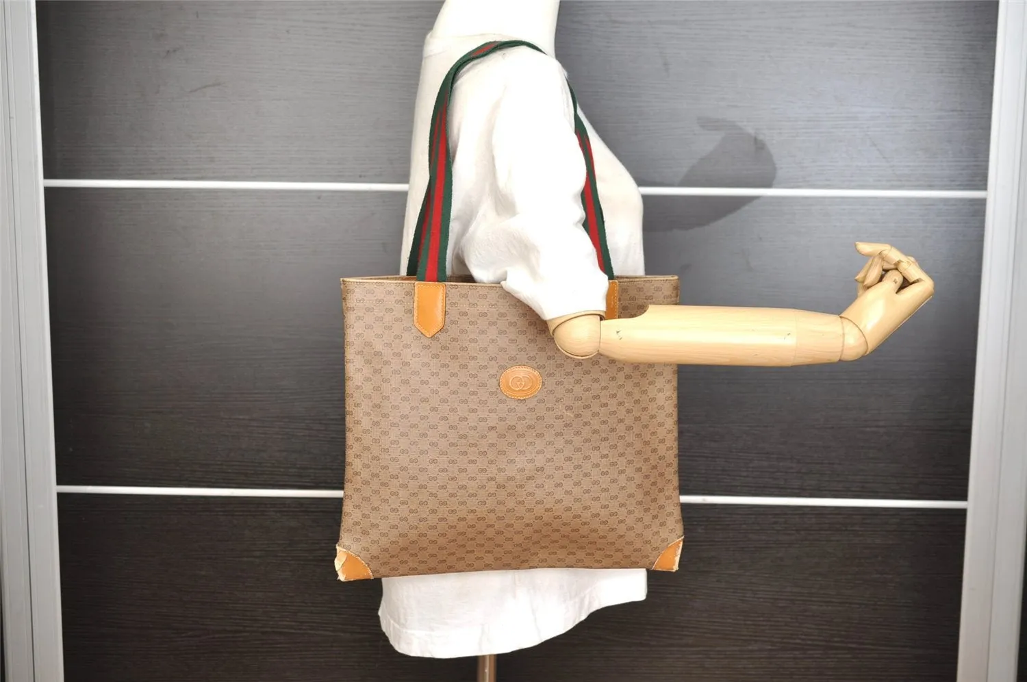Authentic GUCCI Web Sherry Line Micro GG Tote Bag PVC Leather Brown 0333J