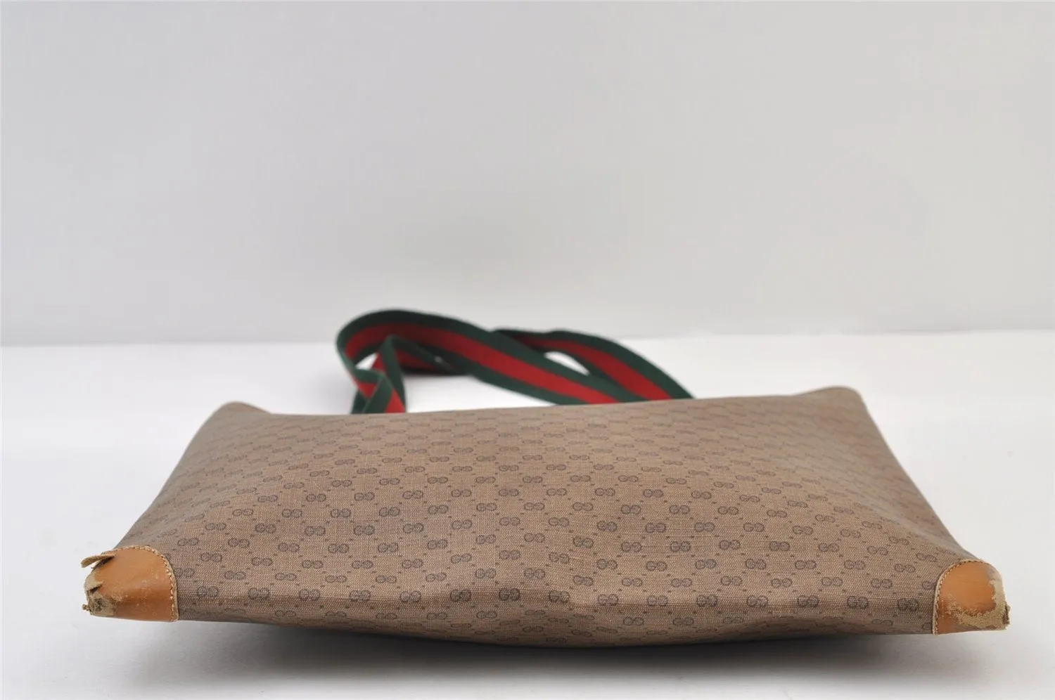 Authentic GUCCI Web Sherry Line Micro GG Tote Bag PVC Leather Brown 0333J