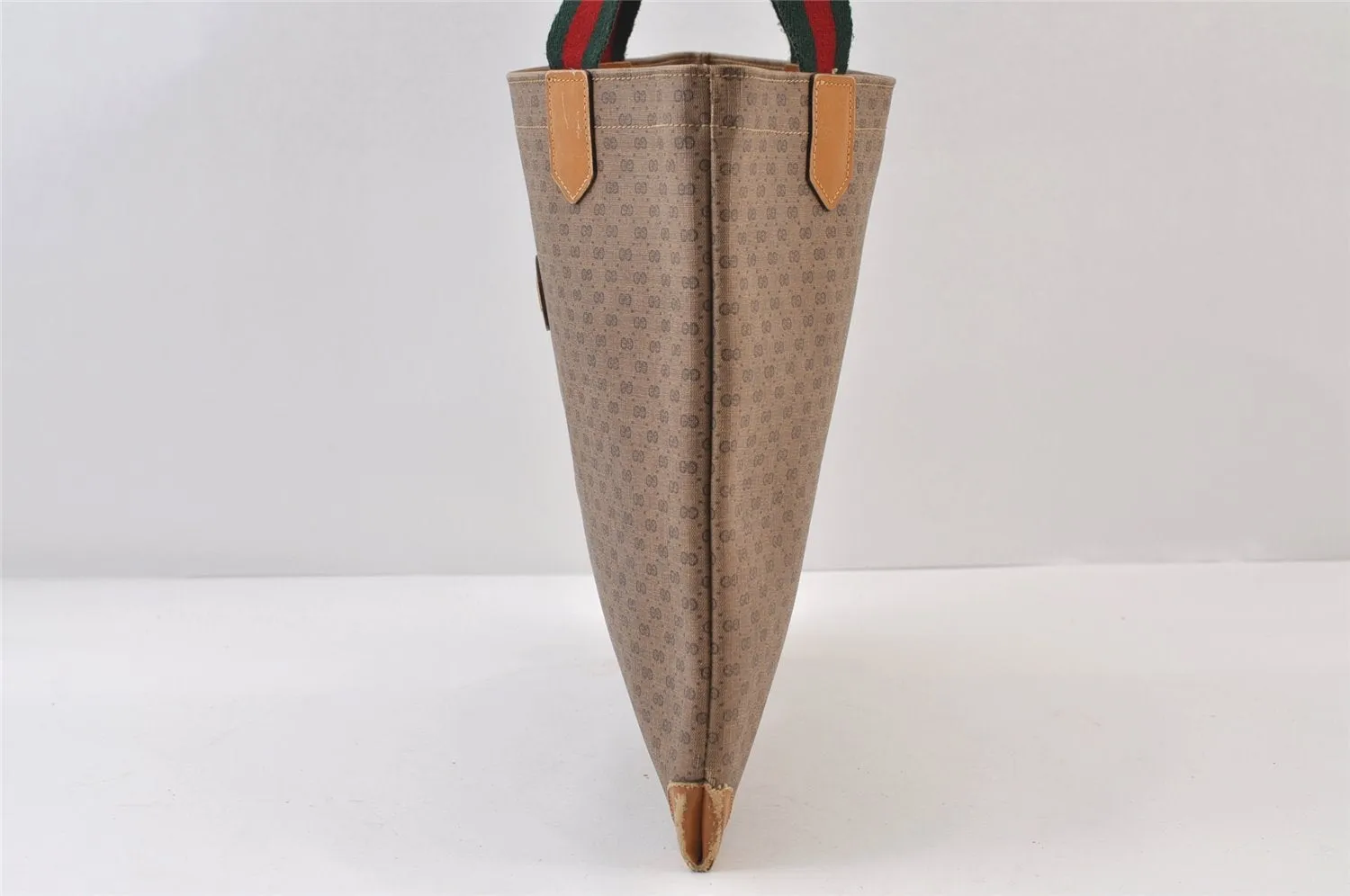 Authentic GUCCI Web Sherry Line Micro GG Tote Bag PVC Leather Brown 0333J