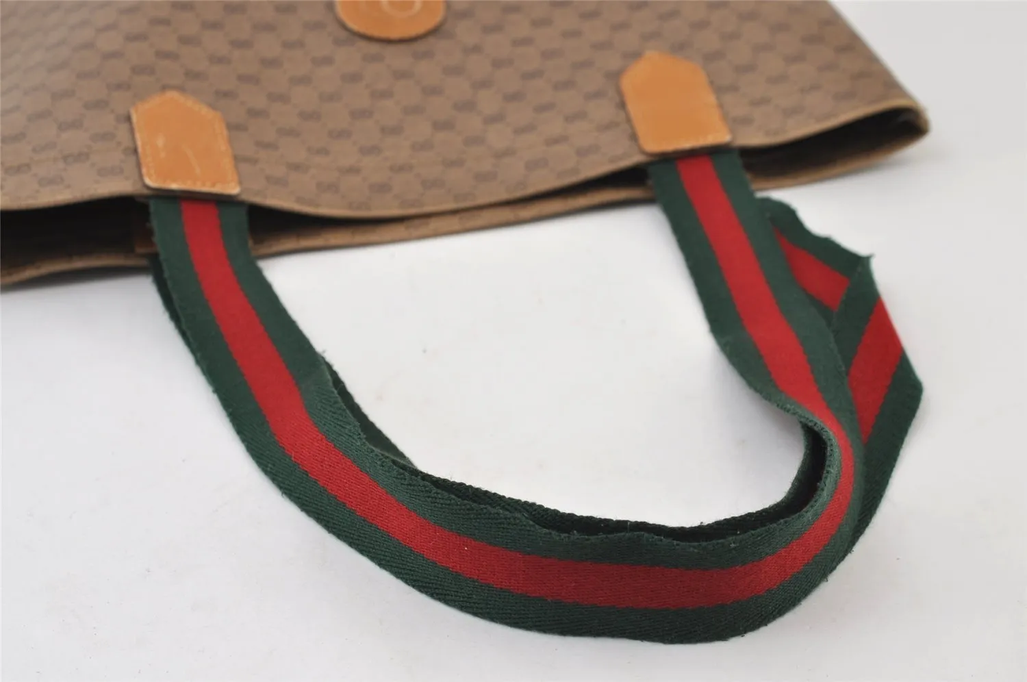 Authentic GUCCI Web Sherry Line Micro GG Tote Bag PVC Leather Brown 0333J