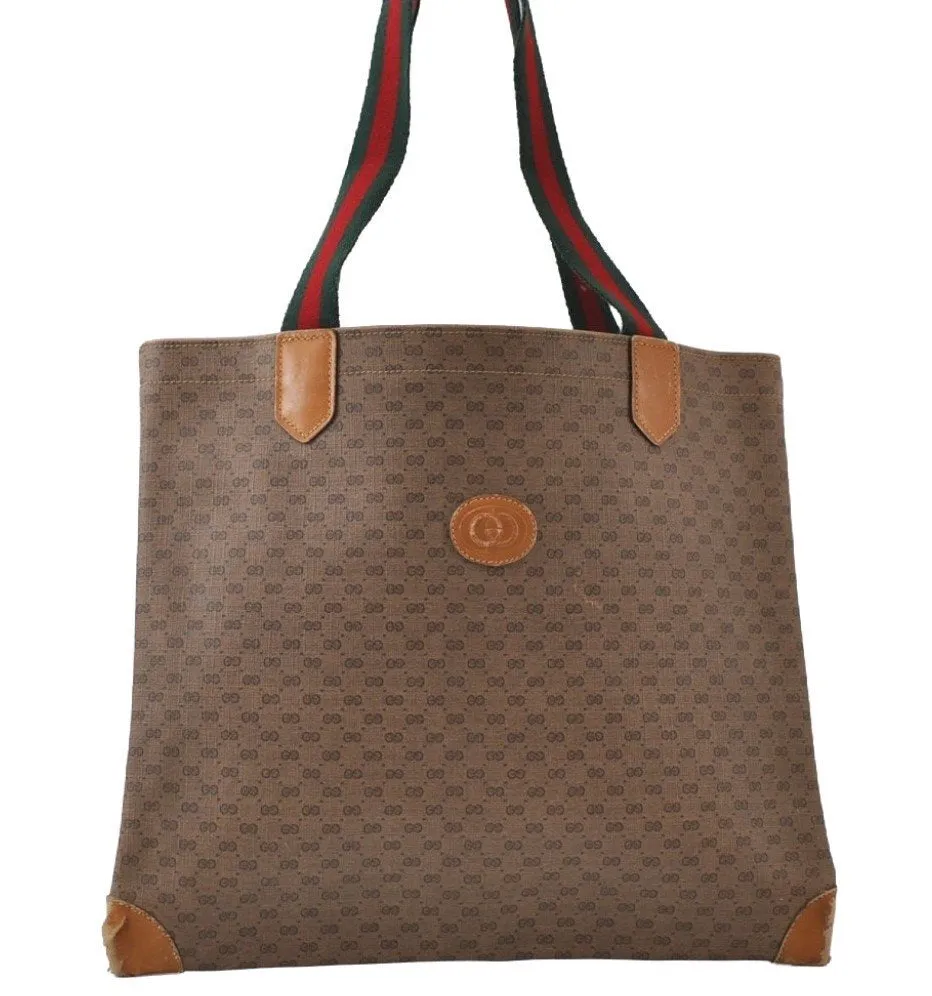 Authentic GUCCI Web Sherry Line Micro GG Tote Bag PVC Leather Brown 0333J