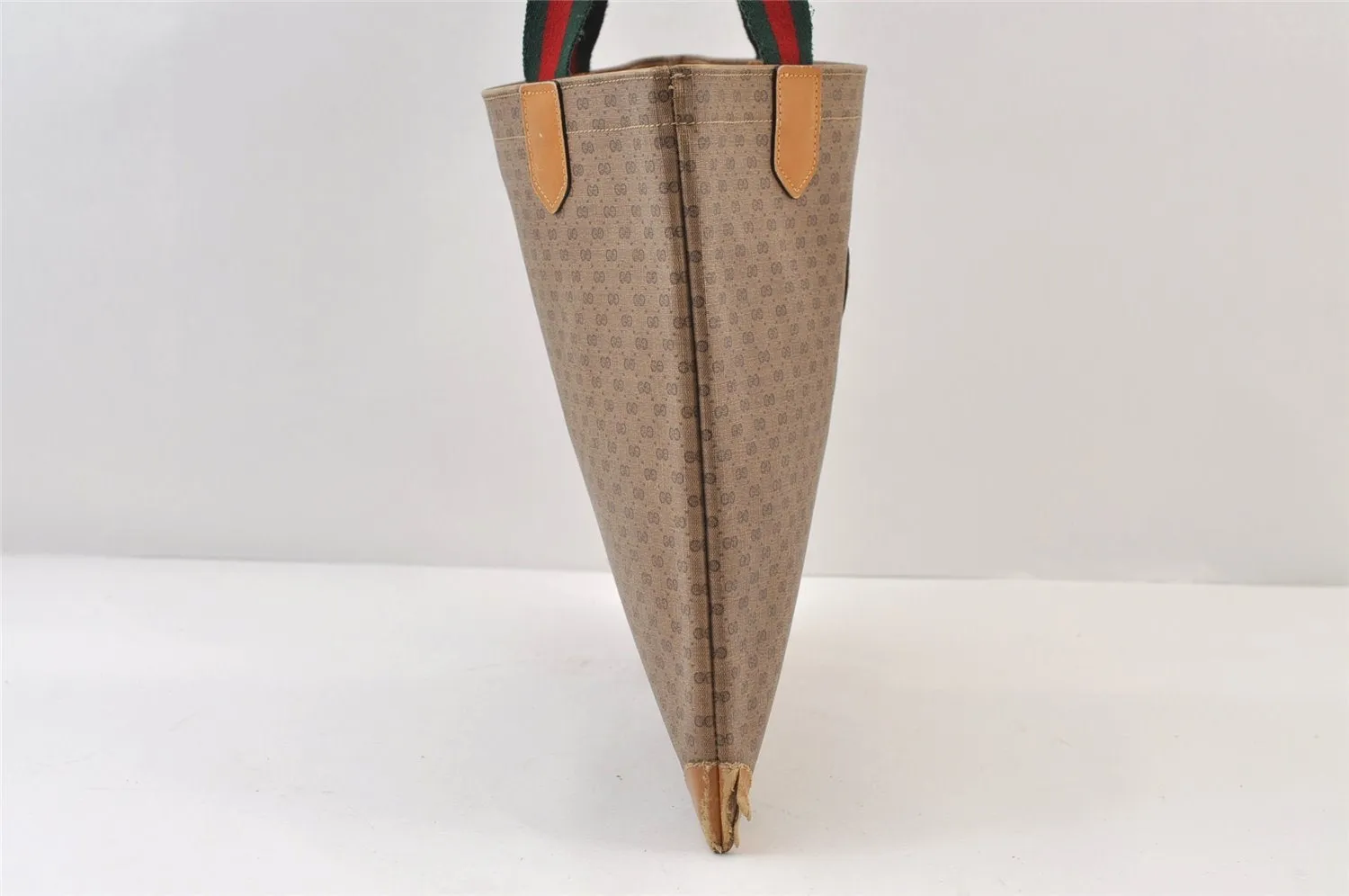 Authentic GUCCI Web Sherry Line Micro GG Tote Bag PVC Leather Brown 0333J