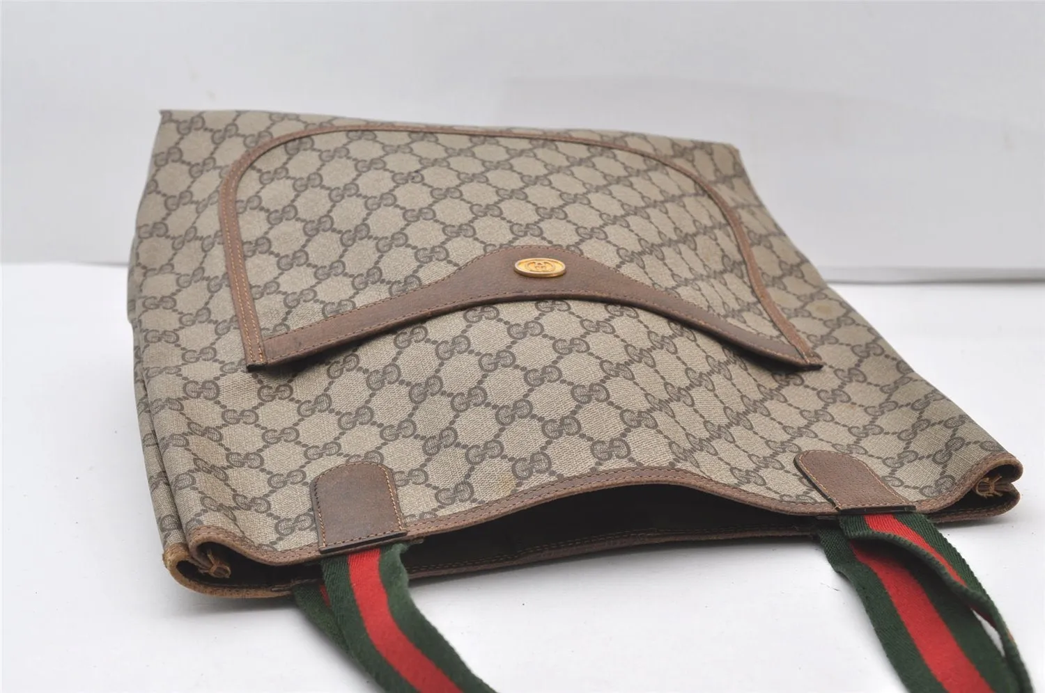 Authentic GUCCI Web Sherry Line Shoulder Tote Bag GG PVC Leather Brown 0101J