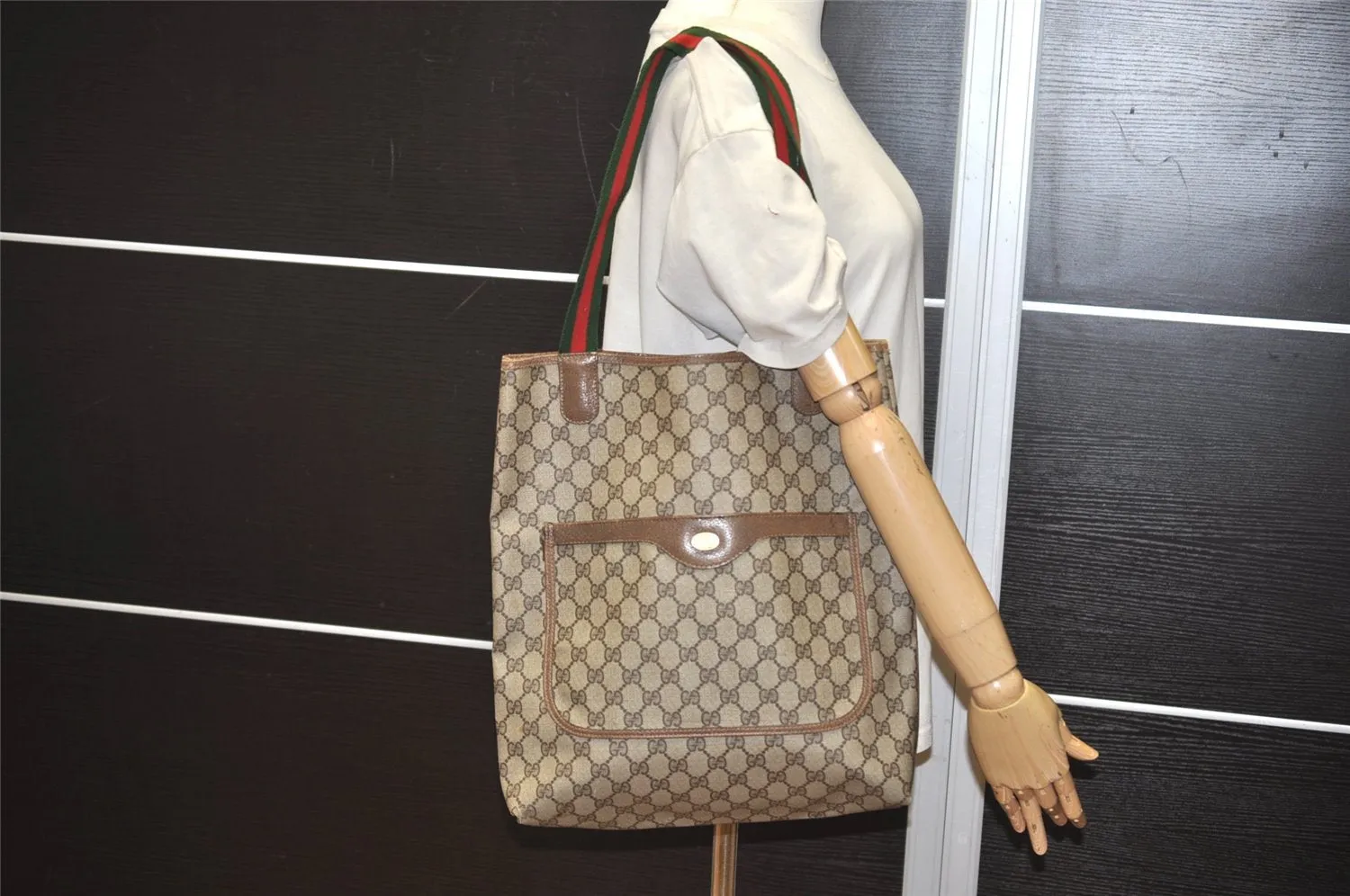 Authentic GUCCI Web Sherry Line Shoulder Tote Bag GG PVC Leather Brown 0101J