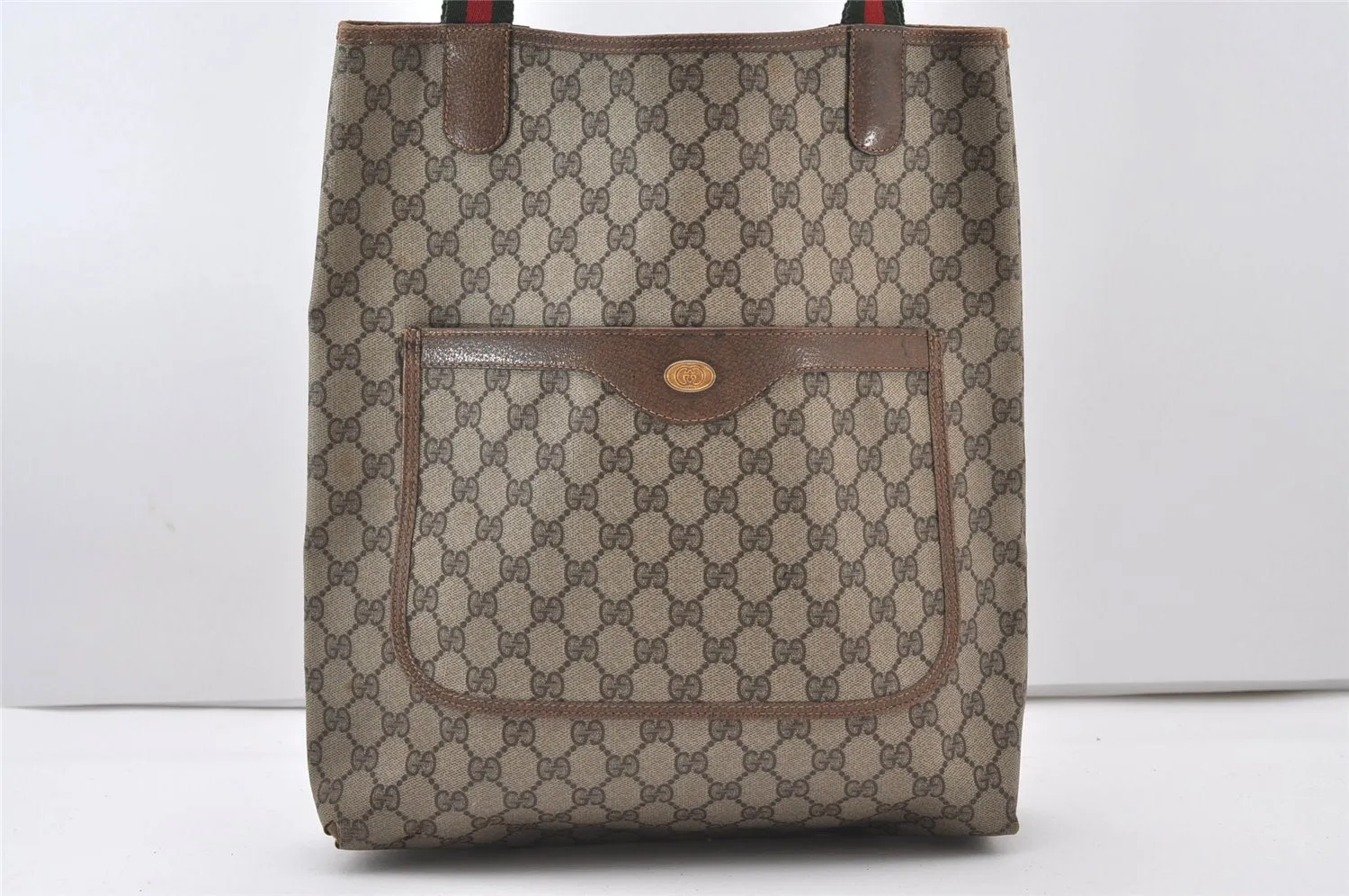 Authentic GUCCI Web Sherry Line Shoulder Tote Bag GG PVC Leather Brown 0101J