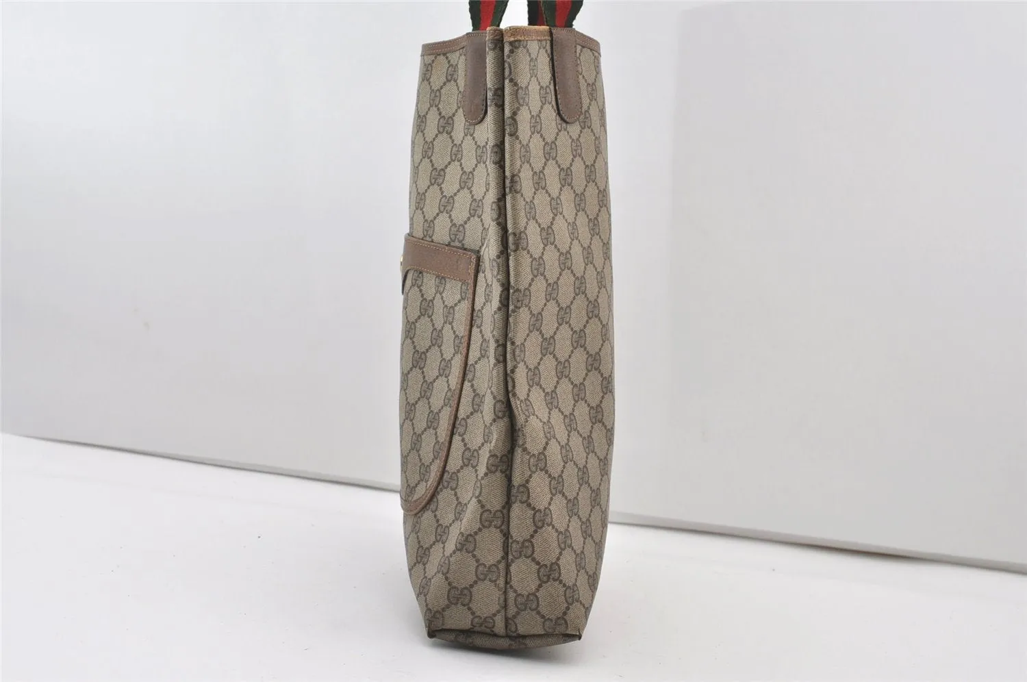 Authentic GUCCI Web Sherry Line Shoulder Tote Bag GG PVC Leather Brown 0101J