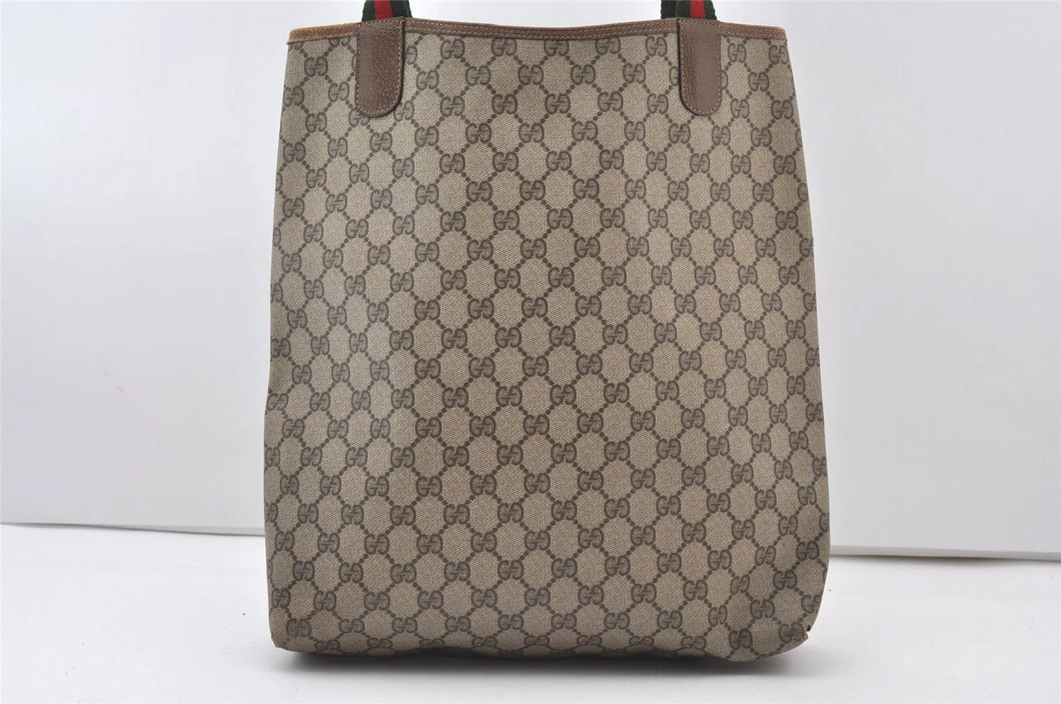 Authentic GUCCI Web Sherry Line Shoulder Tote Bag GG PVC Leather Brown 0101J