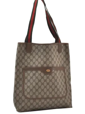 Authentic GUCCI Web Sherry Line Shoulder Tote Bag GG PVC Leather Brown 0101J