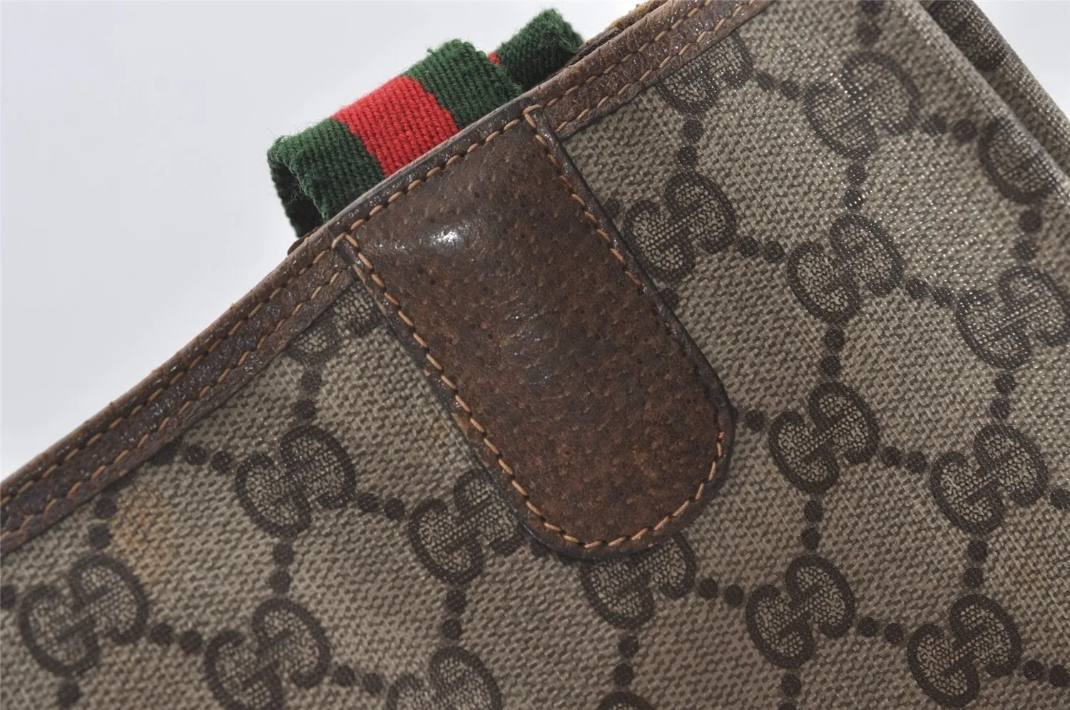 Authentic GUCCI Web Sherry Line Shoulder Tote Bag GG PVC Leather Brown 0101J
