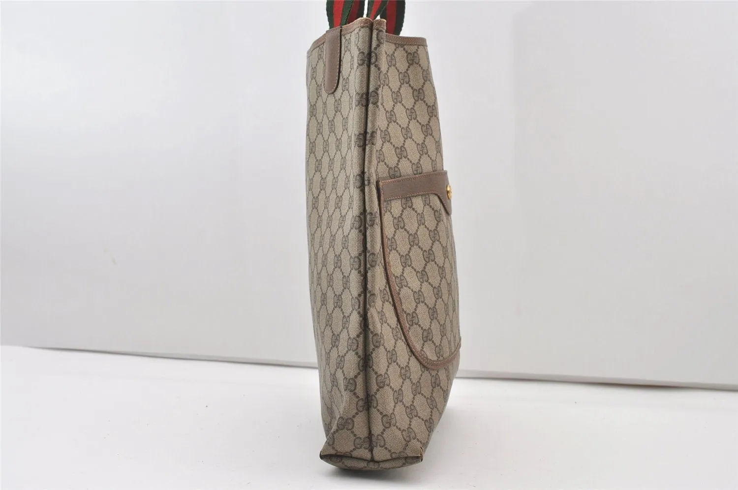 Authentic GUCCI Web Sherry Line Shoulder Tote Bag GG PVC Leather Brown 0101J