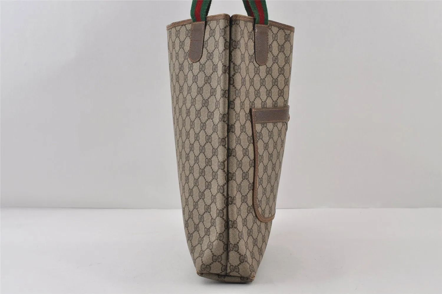 Authentic GUCCI Web Sherry Line Shoulder Tote Bag GG PVC Leather Brown 0979J