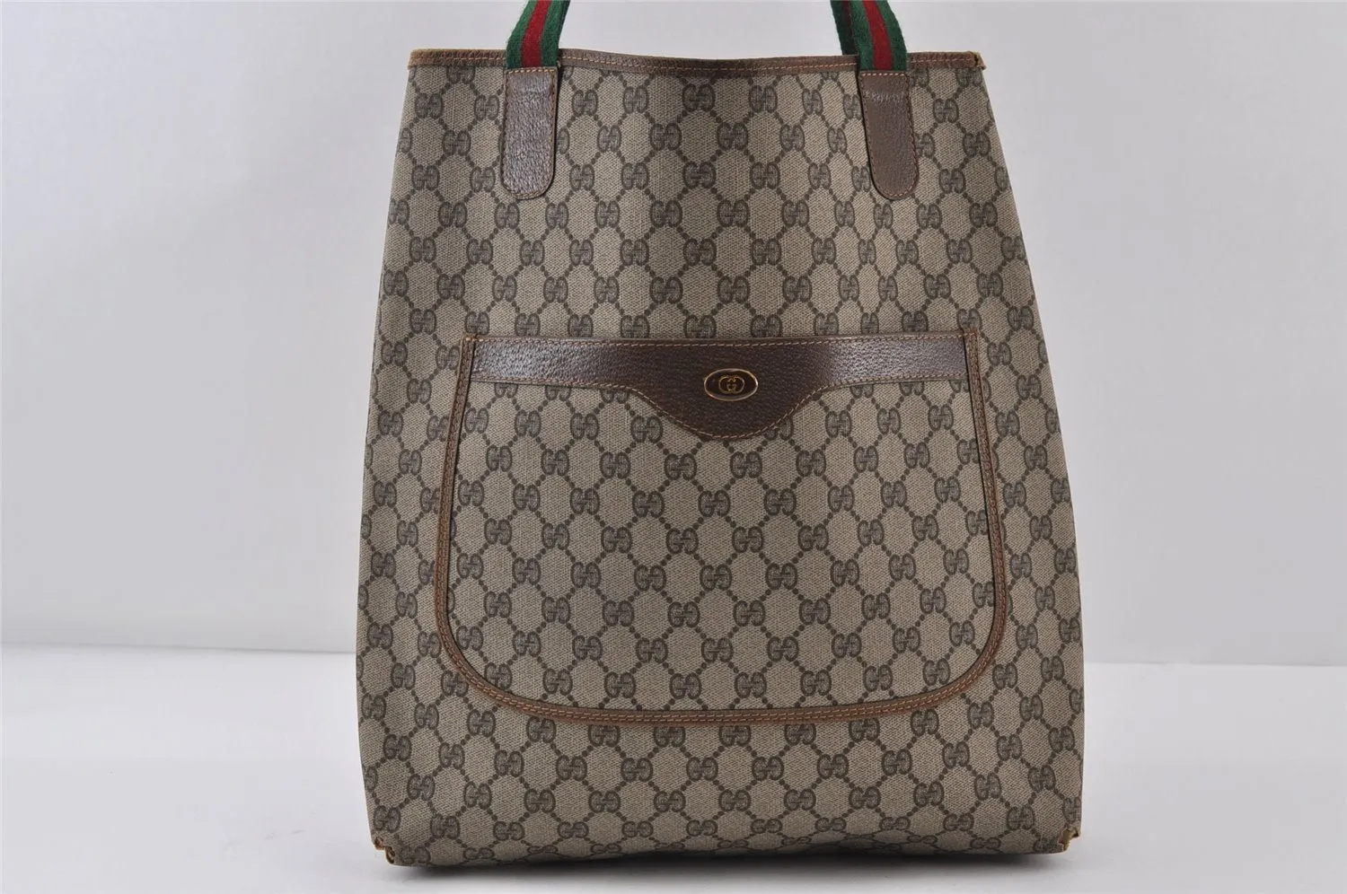 Authentic GUCCI Web Sherry Line Shoulder Tote Bag GG PVC Leather Brown 0979J