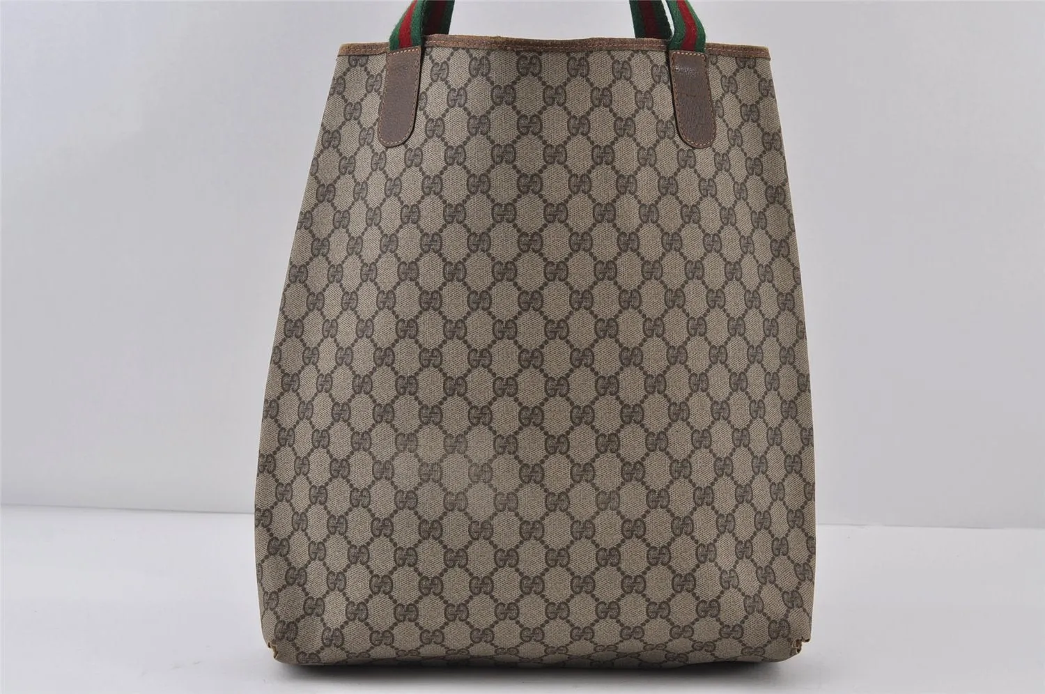 Authentic GUCCI Web Sherry Line Shoulder Tote Bag GG PVC Leather Brown 0979J