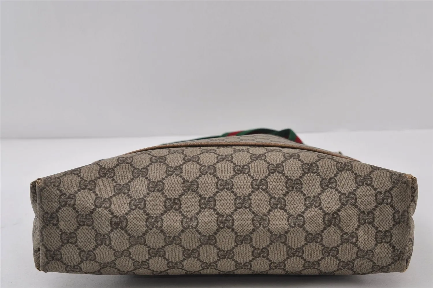 Authentic GUCCI Web Sherry Line Shoulder Tote Bag GG PVC Leather Brown 0979J