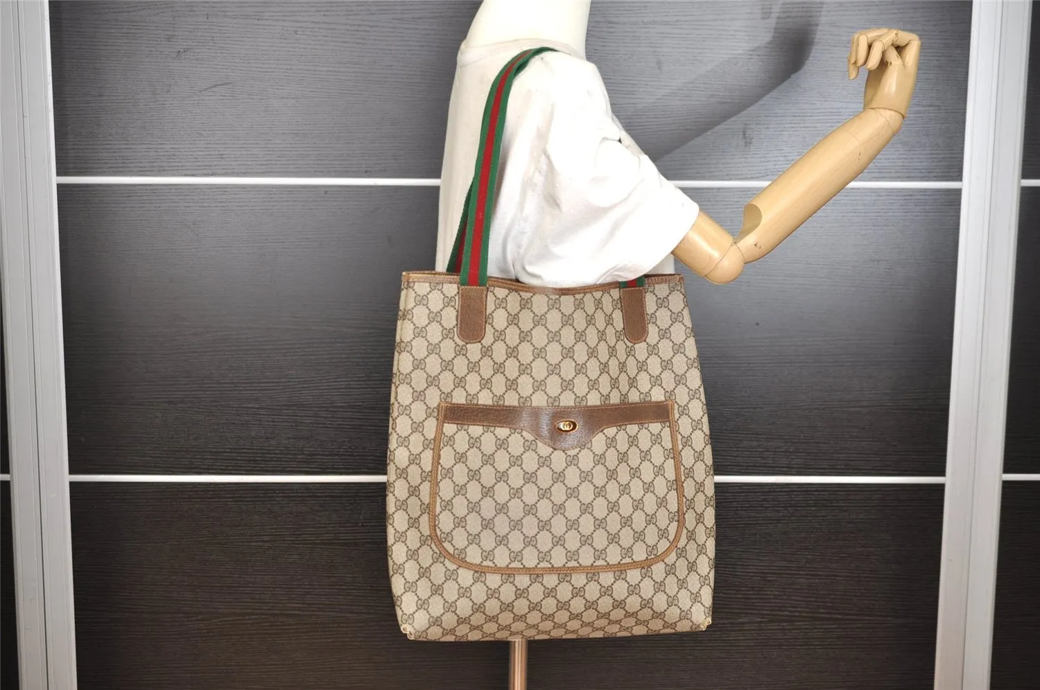 Authentic GUCCI Web Sherry Line Shoulder Tote Bag GG PVC Leather Brown 0979J