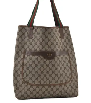 Authentic GUCCI Web Sherry Line Shoulder Tote Bag GG PVC Leather Brown 0979J