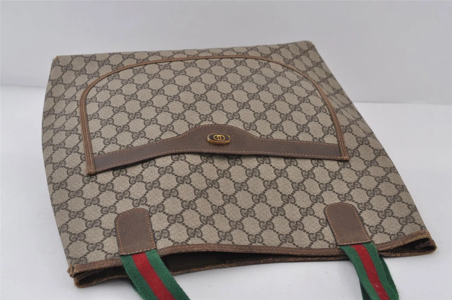Authentic GUCCI Web Sherry Line Shoulder Tote Bag GG PVC Leather Brown 0979J
