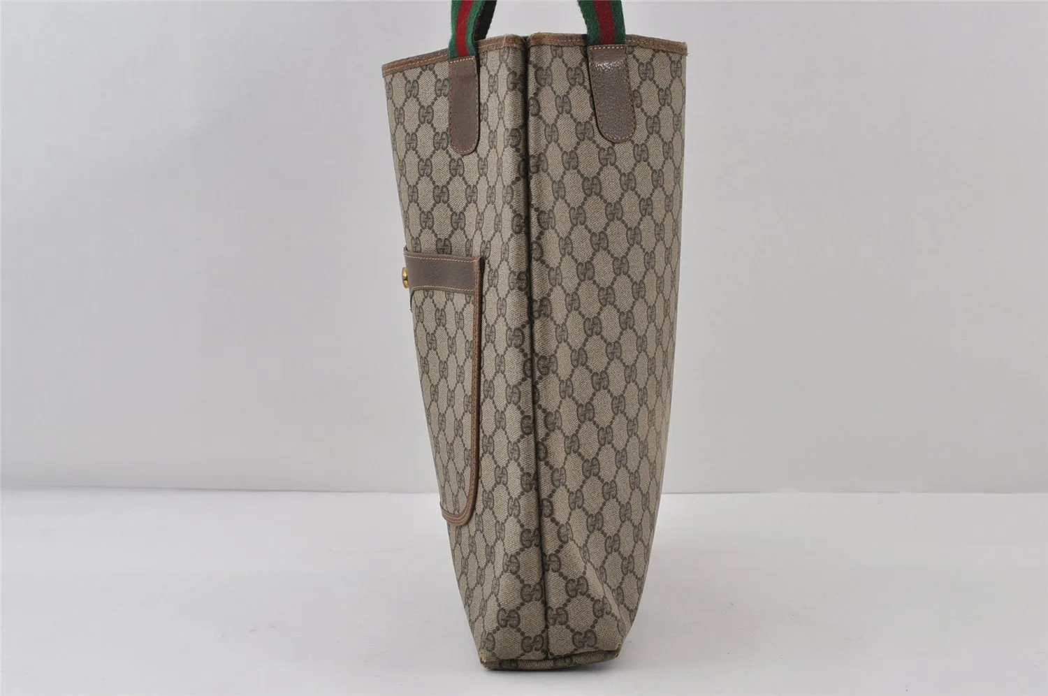 Authentic GUCCI Web Sherry Line Shoulder Tote Bag GG PVC Leather Brown 0979J
