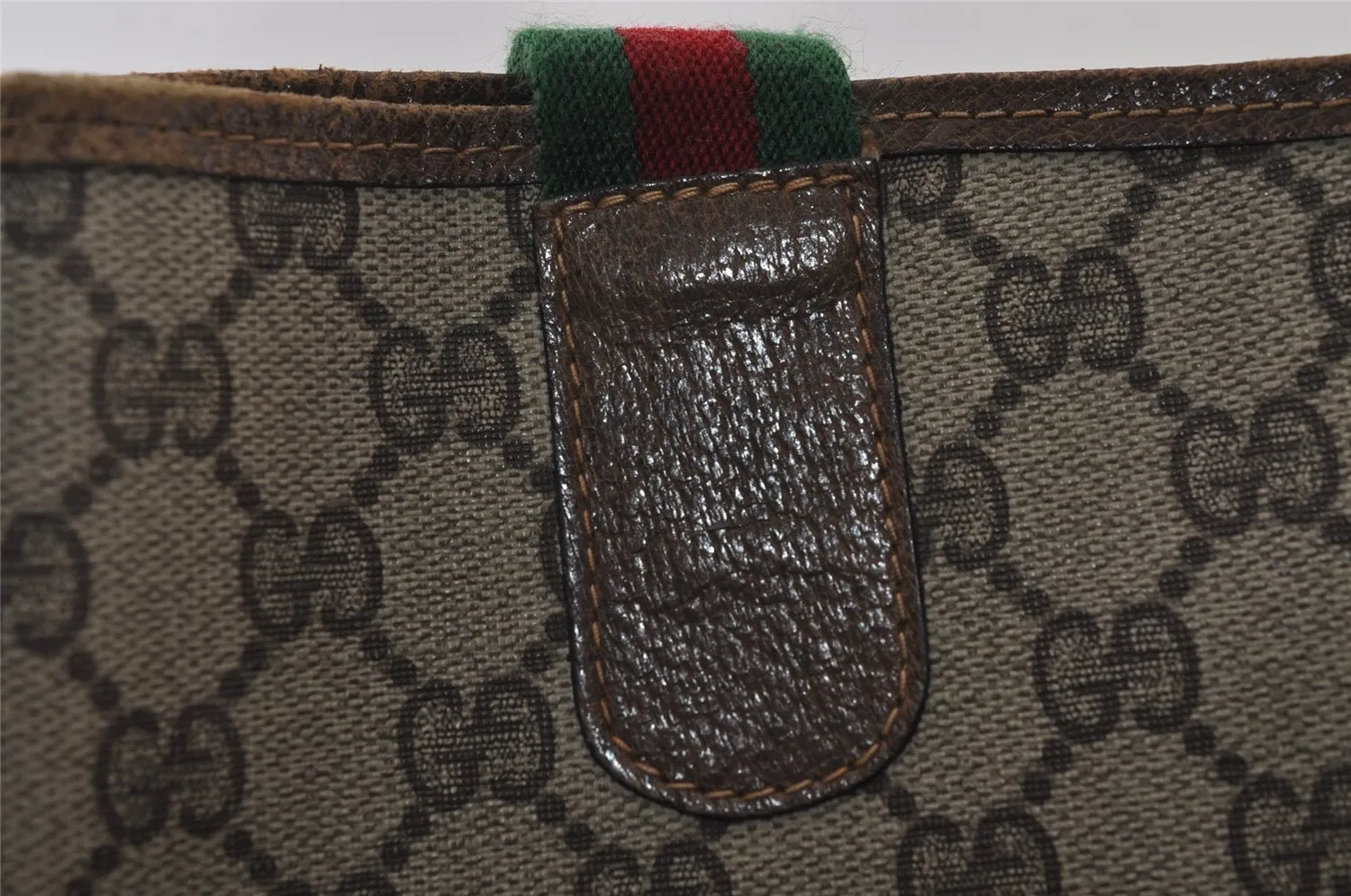 Authentic GUCCI Web Sherry Line Shoulder Tote Bag GG PVC Leather Brown 0979J