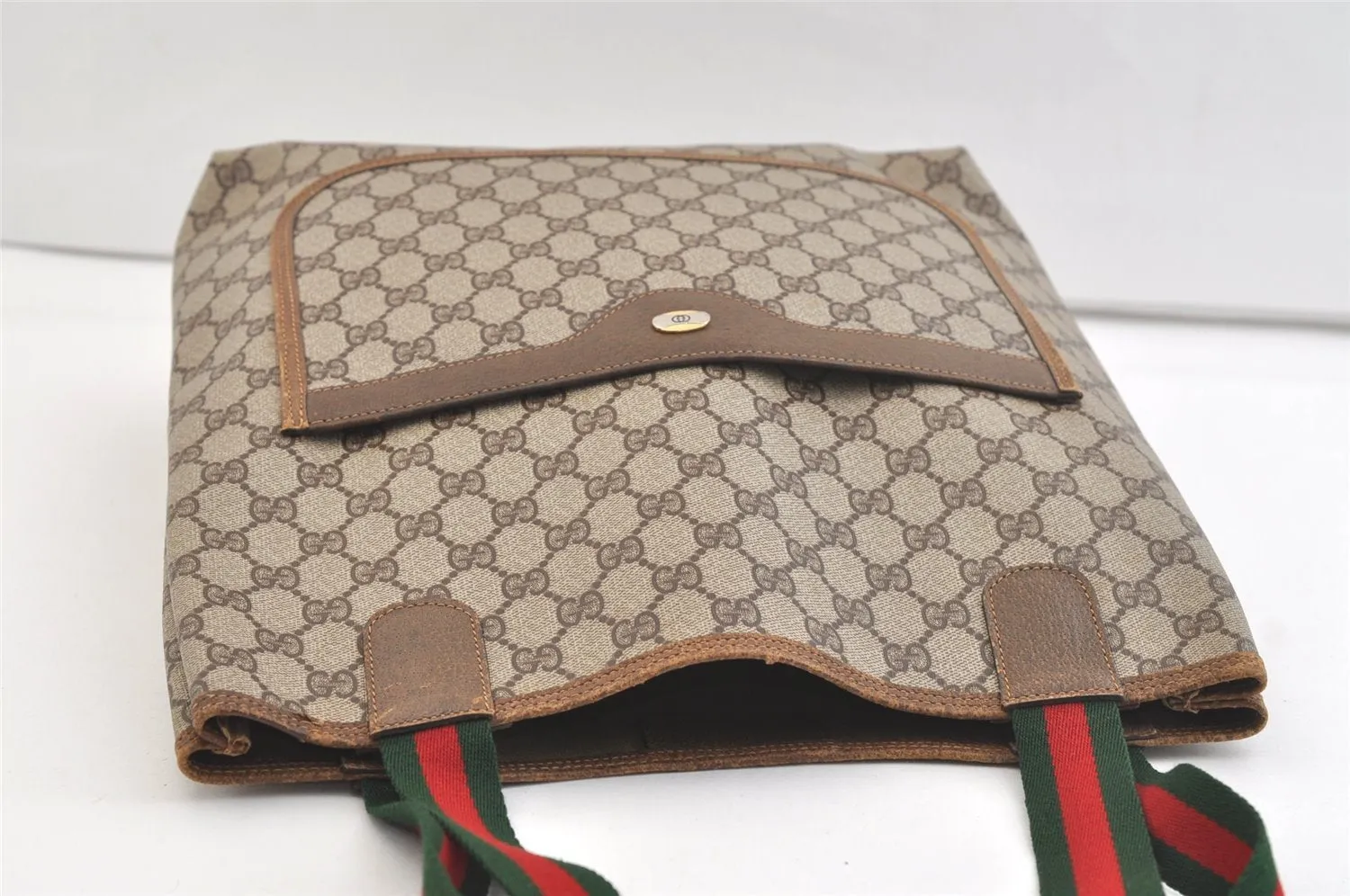 Authentic GUCCI Web Sherry Line Tote Bag GG PVC Leather Brown Junk 2879K