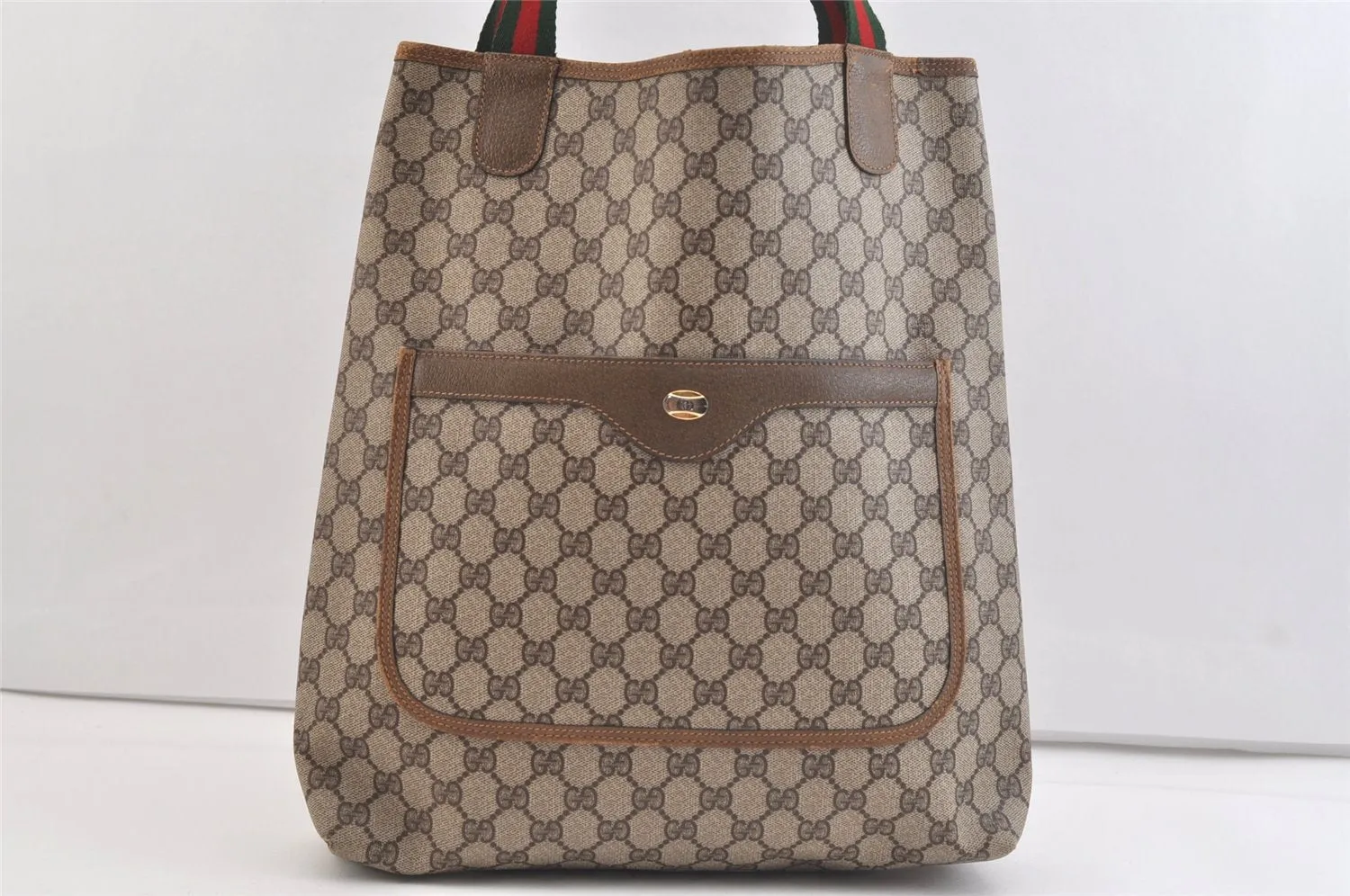 Authentic GUCCI Web Sherry Line Tote Bag GG PVC Leather Brown Junk 2879K