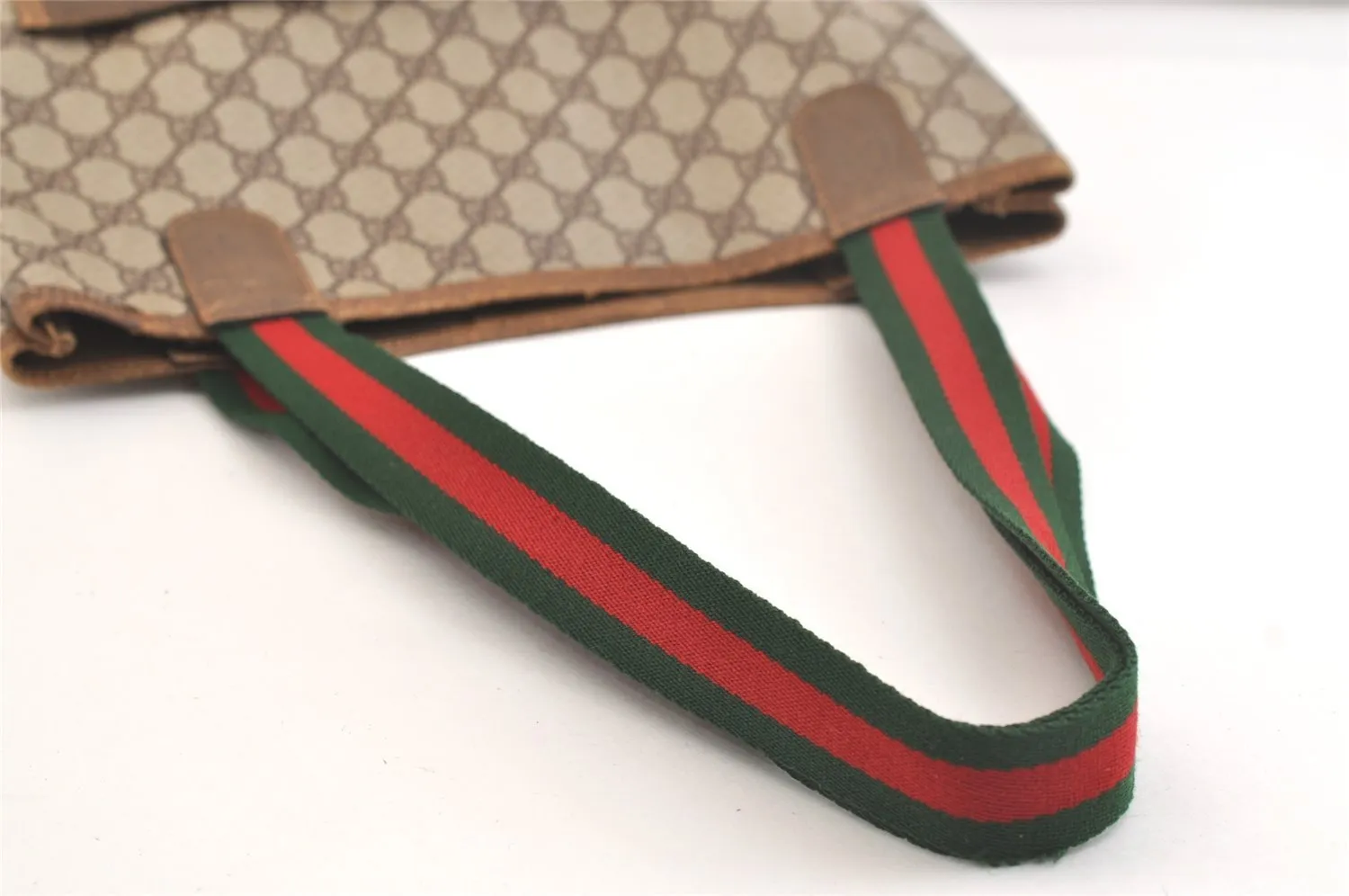 Authentic GUCCI Web Sherry Line Tote Bag GG PVC Leather Brown Junk 2879K