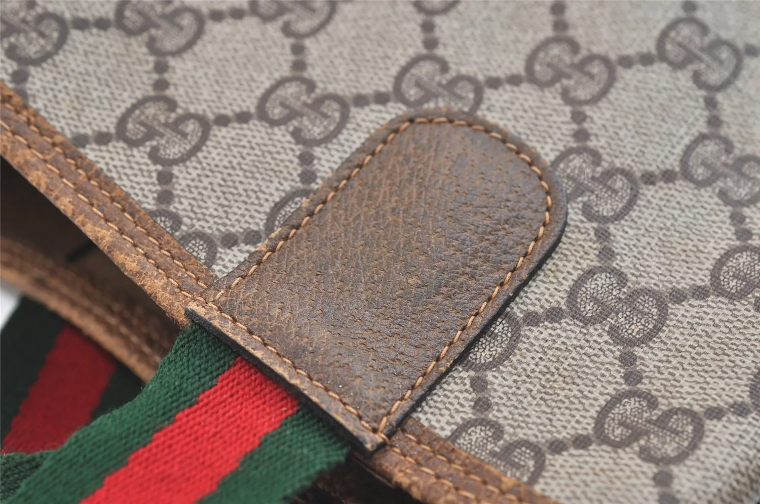 Authentic GUCCI Web Sherry Line Tote Bag GG PVC Leather Brown Junk 2879K