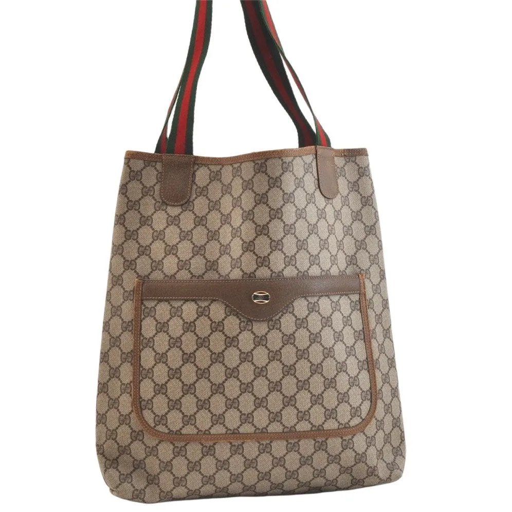 Authentic GUCCI Web Sherry Line Tote Bag GG PVC Leather Brown Junk 2879K