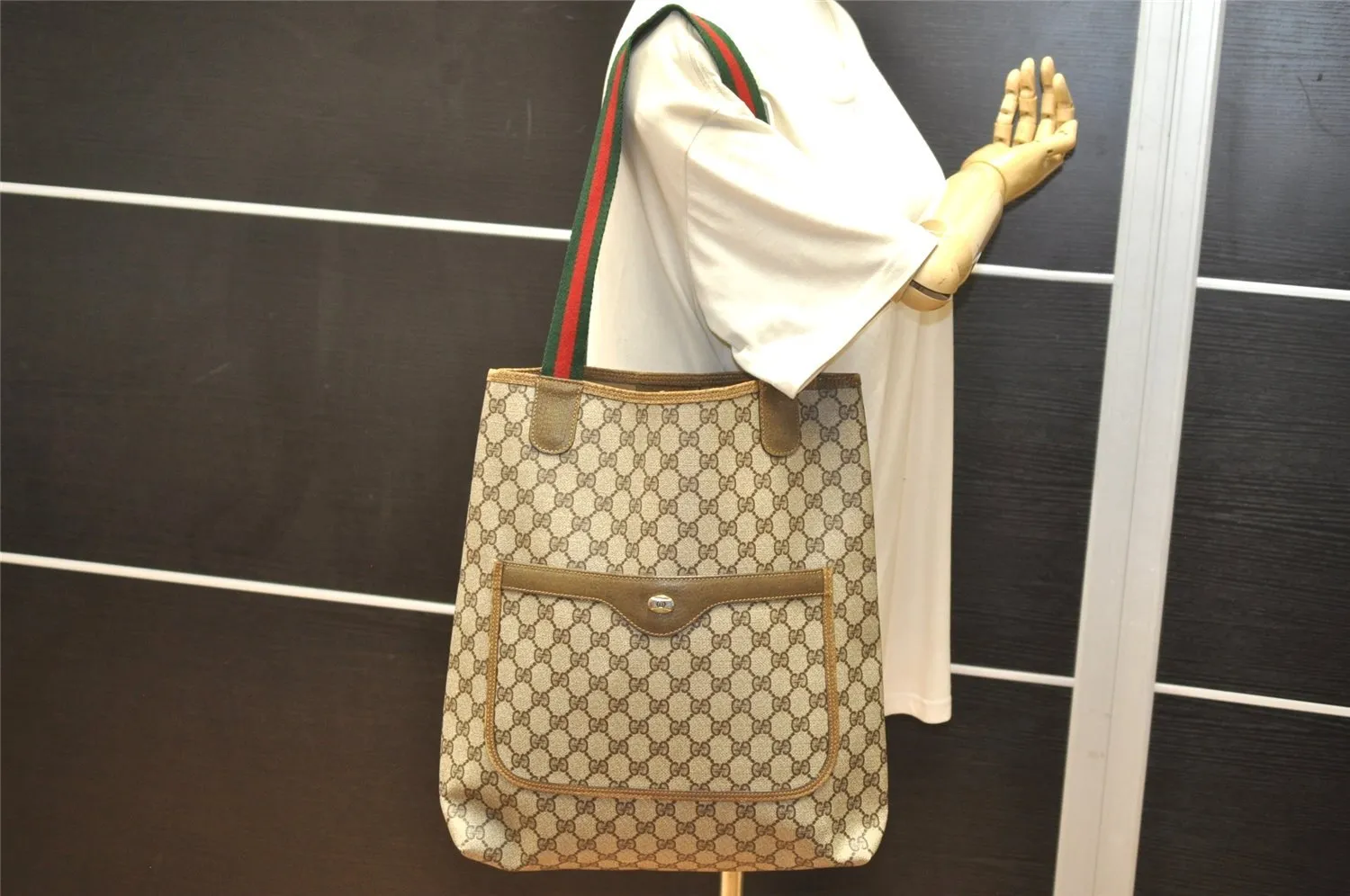 Authentic GUCCI Web Sherry Line Tote Bag GG PVC Leather Brown Junk 2879K