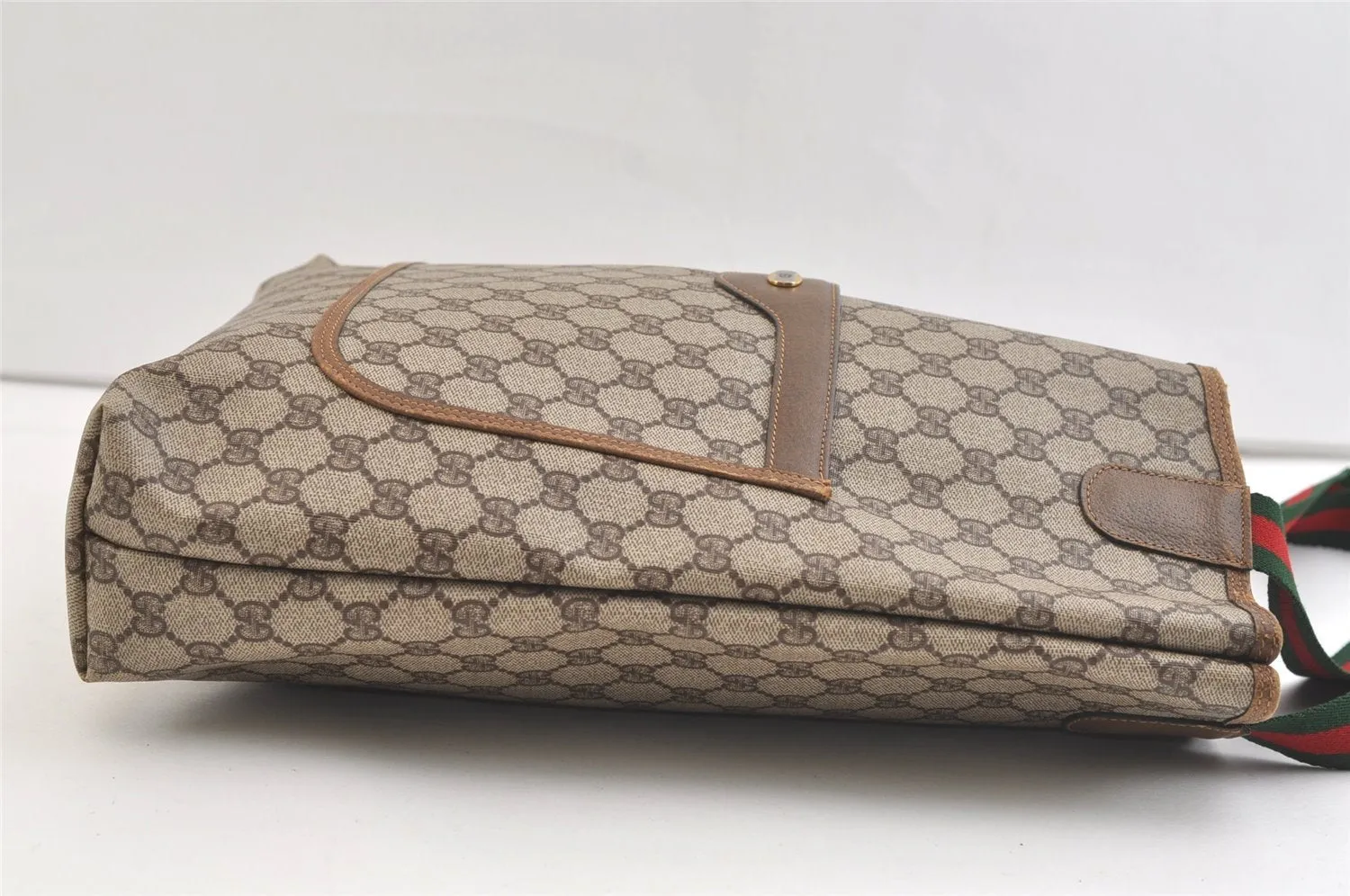 Authentic GUCCI Web Sherry Line Tote Bag GG PVC Leather Brown Junk 2879K