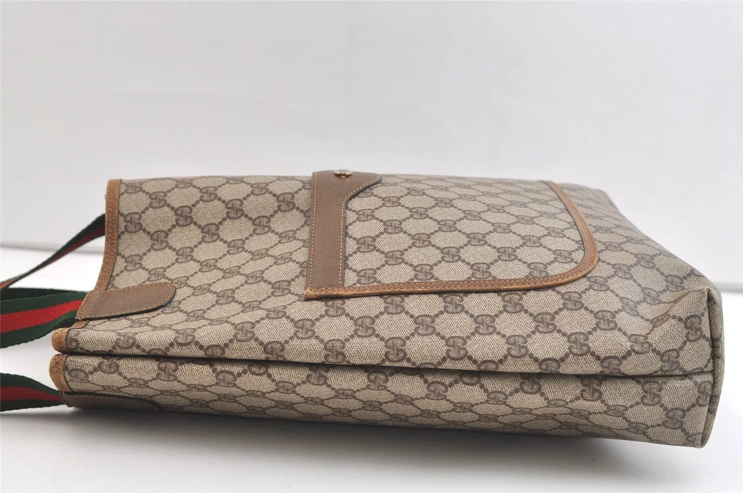 Authentic GUCCI Web Sherry Line Tote Bag GG PVC Leather Brown Junk 2879K