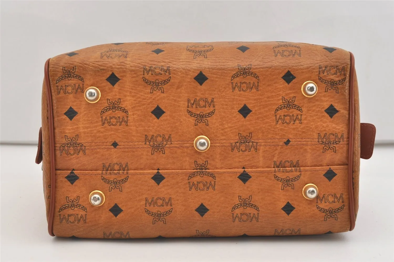 Authentic MCM Vintage Visetos Leather 2Way Hand Boston Bag Purse Brown 5443J