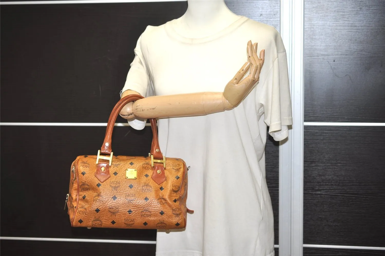 Authentic MCM Vintage Visetos Leather 2Way Hand Boston Bag Purse Brown 5443J