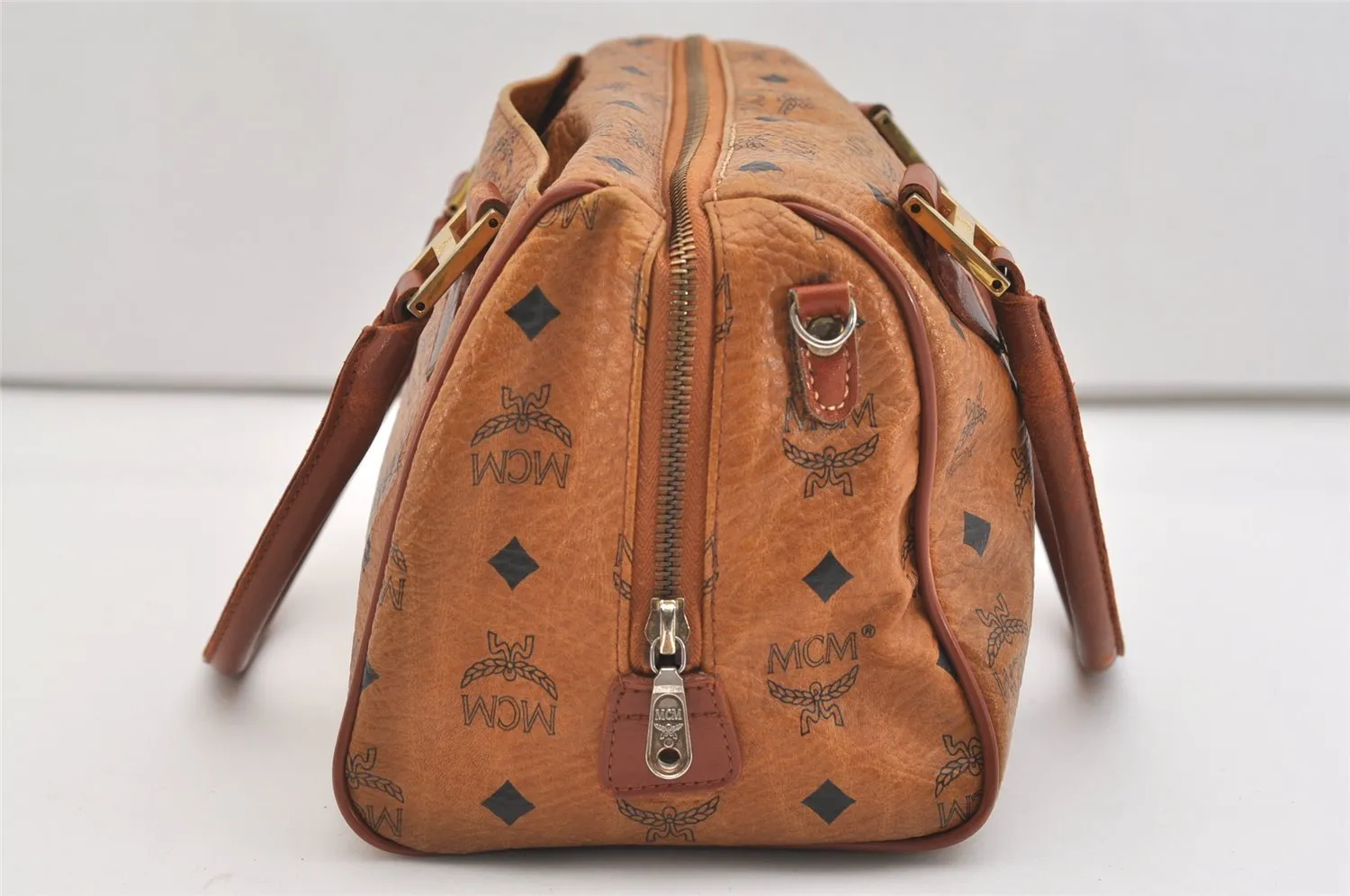 Authentic MCM Vintage Visetos Leather 2Way Hand Boston Bag Purse Brown 5443J