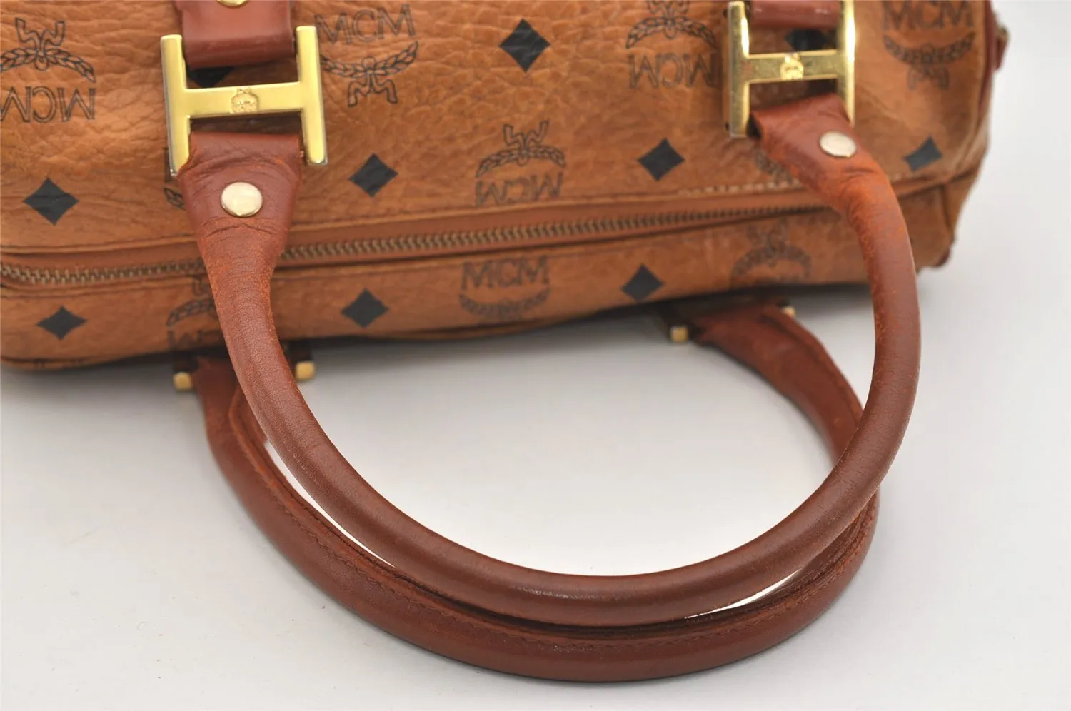 Authentic MCM Vintage Visetos Leather 2Way Hand Boston Bag Purse Brown 5443J