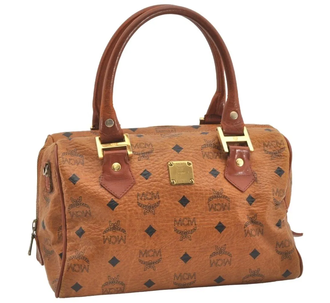 Authentic MCM Vintage Visetos Leather 2Way Hand Boston Bag Purse Brown 5443J