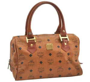 Authentic MCM Vintage Visetos Leather 2Way Hand Boston Bag Purse Brown 5443J