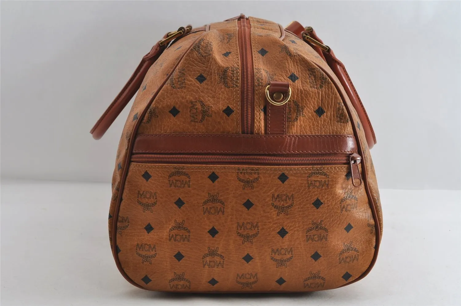 Authentic MCM Visetos Leather Vintage 2Way Travel Boston Bag Brown 7380I