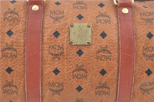 Authentic MCM Visetos Leather Vintage Hand Boston Bag Brown H8016