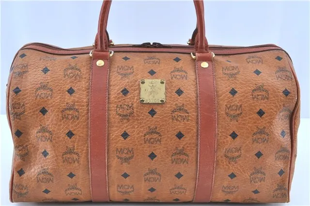 Authentic MCM Visetos Leather Vintage Hand Boston Bag Brown H8016