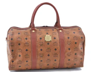 Authentic MCM Visetos Leather Vintage Hand Boston Bag Brown H8016