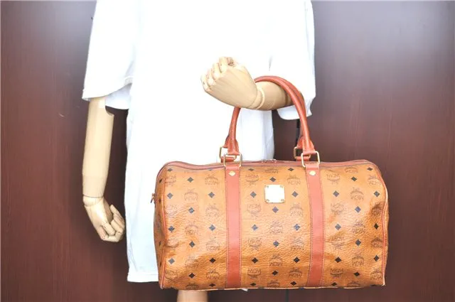 Authentic MCM Visetos Leather Vintage Hand Boston Bag Brown H8016