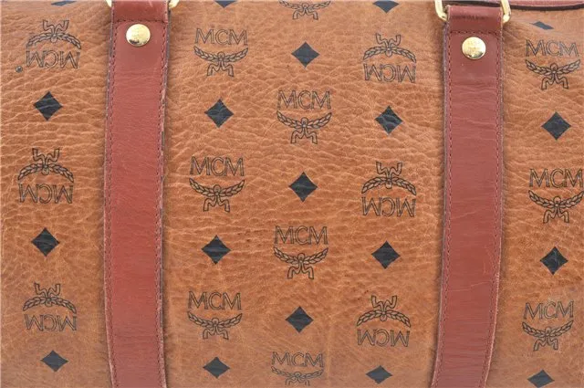 Authentic MCM Visetos Leather Vintage Hand Boston Bag Brown H8016