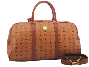 Authentic MCM Visetos Leather Vintage Shoulder Boston Bag Brown 4547D