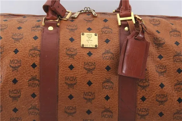 Authentic MCM Visetos Leather Vintage Travel Boston Bag Brown 4525D