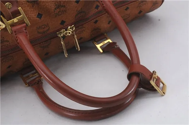 Authentic MCM Visetos Leather Vintage Travel Boston Bag Brown 4525D