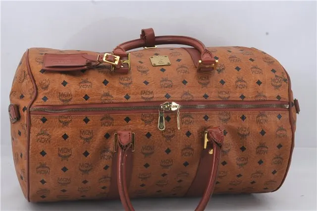 Authentic MCM Visetos Leather Vintage Travel Boston Bag Brown 4525D