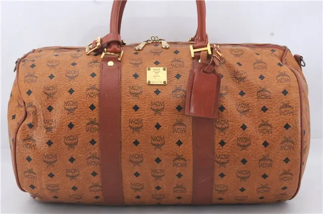 Authentic MCM Visetos Leather Vintage Travel Boston Bag Brown 4525D